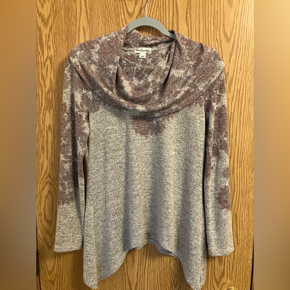 World‎ Unity Women's Cowl Neck Sweater - Small Oatmeal and Rust Color